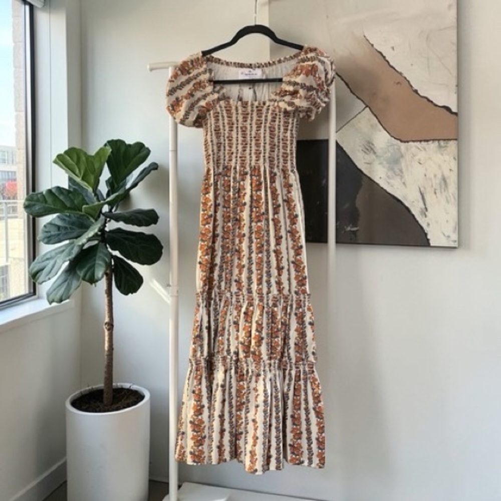 Floral Smocked Maxi Dress in Cream and Brown